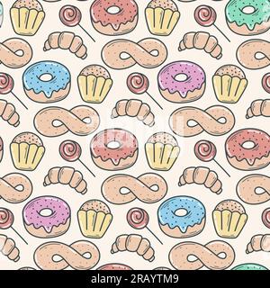 Donuts, Muffins und Brötchen, nahtloses Muster. Süßes Street Food im Retro-Stil. Mehlprodukte werden für Verpackungen, Süßwaren, Cafés und Produkte gedruckt Stock Vektor