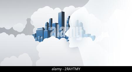 Smart City, automatisierte digitale Steuerung, Deep Learning, künstliche Intelligenz und zukunftsweisendes Technologiekonzept mit Stadtbild, menschlicher Kopf im C Stock Vektor