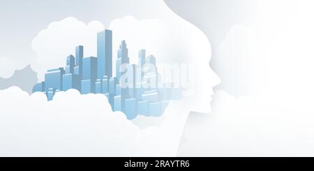 Smart City, automatisierte digitale Steuerung, Deep Learning, künstliche Intelligenz und zukunftsweisendes Technologiekonzept mit Stadtbild, menschlicher Kopf im C Stock Vektor