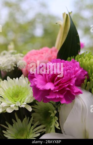 Ein gemischter Blumenstrauß mit einer rosa Nelke Stockfoto