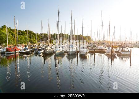 Segelboote in einem Jachthafen (Fahrensodde) bei Sonnenuntergang an der Ostsee in Norddeutschland Stockfoto