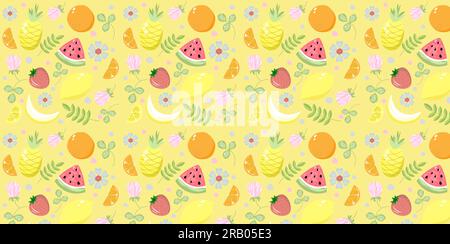 Nahtlose Sommervektorbeeren tropischer Zitrusfrüchte auf gelbem Hintergrund. EPS10 Stock Vektor