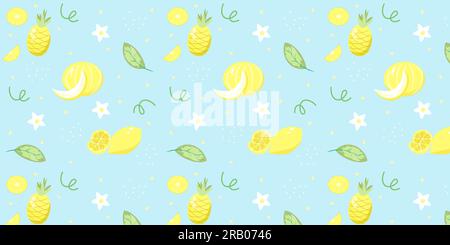 Nahtlose Melone mit Sommermuster, Zitronenmelone und Ananas auf blauem Hintergrund. EPS10 Stock Vektor