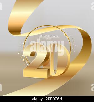 20 goldene Zahlen und Anniversary Celebrate Text mit goldener Serpentine und Konfetti auf rotem Hintergrund. Vector 20. Jubiläumsfeier am Abend Stock Vektor