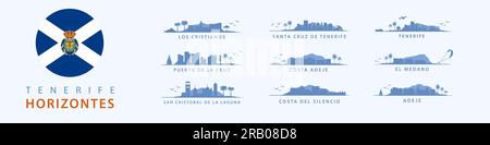 Skylines von Teneriffa Island, Silhouetten von Santa Cruz, Costa Adeje, Costa Del Silencio, San Cristobal, Puerto De La Cruz, El Medano, Los Cristianos. Stock Vektor