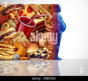 Adipositas und Ernährung als übergewichtige Person mit Fast Food essen eine ungesunde Ernährung als Diabetes-Risiko und essen Fett als Symbol für Appetitzügler Stockfoto