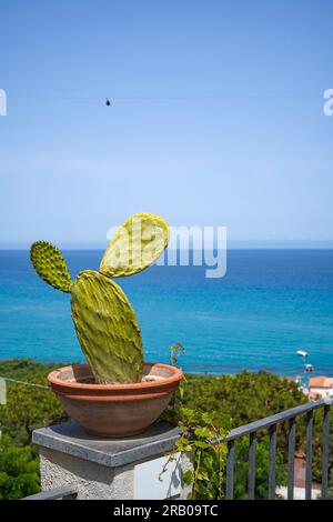 Türkisfarbenes Tyrrhenisches Meer vom Aussichtspunkt der wunderschönen italienischen Stadt Tropea, Kalabrien, Italien Stockfoto