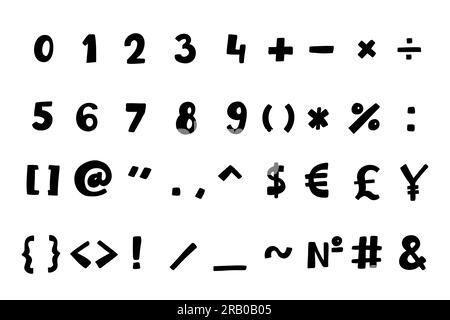 Handgeschriebene schwarze spezielle mathematische und andere Symbole und Zeichen in Schriftart 0 bis 9. Vektordarstellung im handgezeichneten Cartoon-Doodle-Stil, isoliert auf Whi Stock Vektor