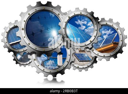 Gruppe von Metallgetrieben (Zahnräder) mit Solarpaneelen im Inneren, isoliert auf weißem Hintergrund, Fotografie und 3D-Darstellung. Stockfoto