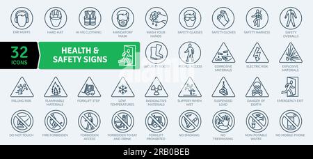 Symbolpaket für Gesundheits- und Sicherheitsschilder. Erfassung eines dünnen Signalsymbols Stock Vektor