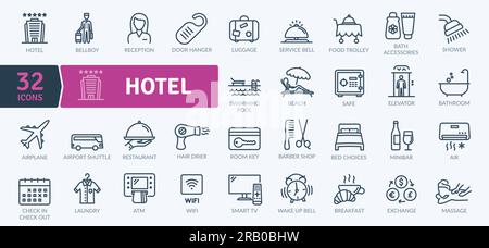 Hotel- und Unterbringungsservices Icons Pack. Symbole für dünne Linien festgelegt. Einfache Vektorsymbole Stock Vektor