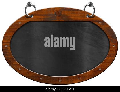 Alte leere Tafel mit ovalem Holzrahmen (Ellipsenform) und Stahlringen zum Aufhängen. Isoliert auf weißem Hintergrund und Kopierbereich, Vorlage. Stockfoto