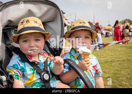 Brüder in passenden Klamotten, die Eis essen und sich um den Mund schmutzig machen Stockfoto