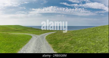 Gabel auf einem Pfad durch hügelige Landschaft Stockfoto