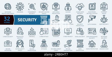 Symbole für Cybersicherheit und Sicherheitstechnologie Pack Vector. Symbolsammlung mit dünnen Linien. Symbolgruppe für Outline Web Stock Vektor