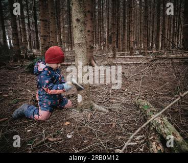 Kleiner Junge mit Axt im Wald Stockfoto