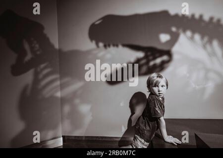 Ein Junge vor dem Schatten des Dinosaurierskeletts Stockfoto