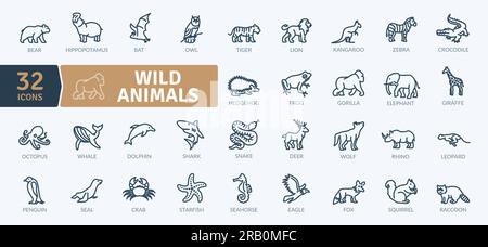 Wild Animals Icons Pack. Dünne Linien, Kreatur, Symbole gesetzt. Einfache Vektorsymbole Stock Vektor