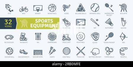 Symbolpaket Sportausrüstung. Symbole für dünne Linien festgelegt. Einfache Vektorsymbole Stock Vektor