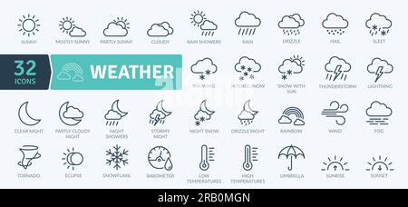 Wettersymbole Paket. Symbole für dünne Linien festgelegt. Einfache Vektorsymbole Stock Vektor