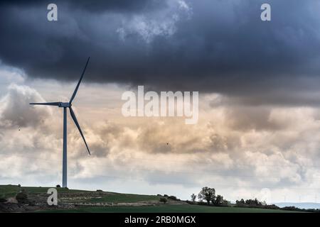 Windturbinen zwischen landwirtschaftlichen Feldern mit Rapspflanzen auf den Hügeln der Provinz Tarragona in Spanien Stockfoto