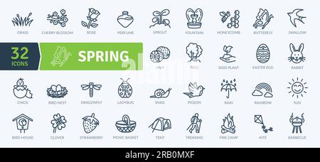 Frühlingsausrüstung Symbolpaket. Symbole für dünne Linien festgelegt. Einfache Vektorsymbole Stock Vektor