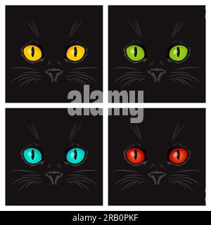 Vector Flat Yellow, Green, Blue, Red Cats Eye of a Black Cat in the Dark, in der Nacht. Katzengesicht mit ja, Nase, Whisker auf Schwarz. CAT Closeup, schauen Sie rein Stock Vektor
