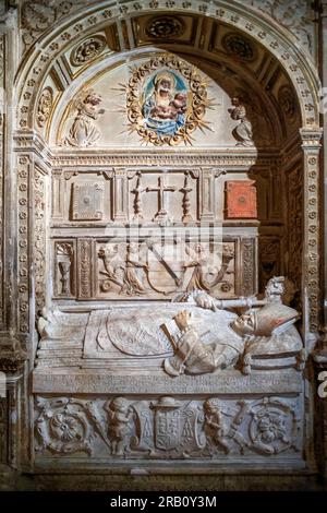 Ein Bildnis in der Grabkapelle des Doncel, oder junger Ritter, ein viel besuchter Abschnitt der Siguenza-Kathedrale, Spanien. Er starb 1486, als er 14 war, y Stockfoto