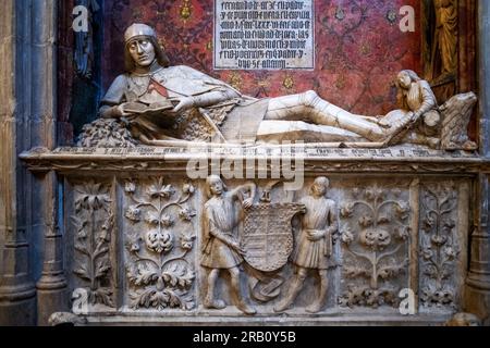Grab des Doncel, oder junger Ritter, ein viel besuchter Abschnitt der Siguenza-Kathedrale, Spanien. Er starb 1486, als er 14 war, junger Adliger Martín Vázque Stockfoto