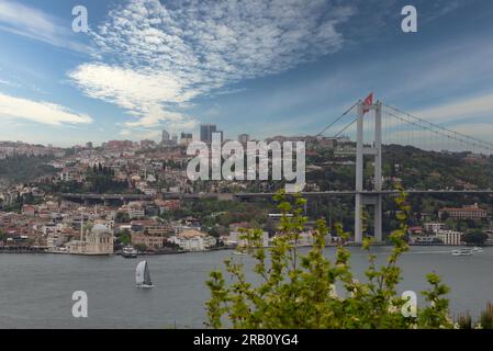 Luftaufnahme der Stadt Istanbul am Morgen vom Fethi Pasha Grove mit Blick auf den Bosporus, mit Bosporus-Brücke oder Bogazici Koprusu, das Europa und Asien, Istanbul, die Türkei verbindet Stockfoto