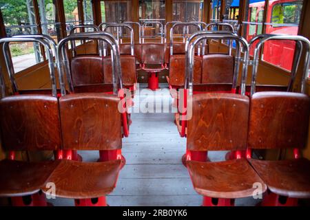 Innenbus des El Tren de Arganda-Zuges oder des Tren de la Poveda-Zuges in Arganda del Rey, Madrid, Spanien. Im Jahr 1990 hat eine Gruppe von Eisenbahnenthusiasten übernommen Stockfoto