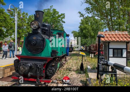 Bahnhof Poveda, Zug El Tren de Arganda oder Zug Tren de la Poveda in Arganda del Rey, Madrid, Spanien. Im Jahr 1990 hat eine Gruppe von Eisenbahnenthusiasten übernommen Stockfoto