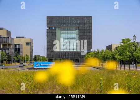 Essen, Nordrhein-Westfalen, Deutschland - ThyssenKrupp, Firmenlogo vor dem Hauptsitz. Thyssenkrupp AG ist ein Industriekonzern mit Schwerpunkt auf der Stahlverarbeitung und Deutschlands größtem Stahlproduzenten Stockfoto