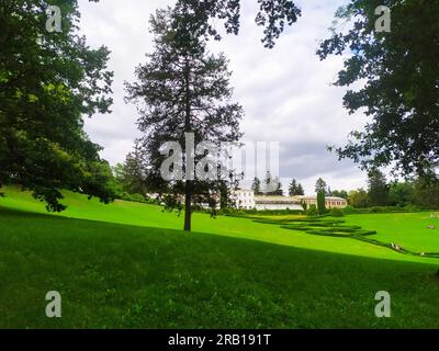 Grüner Rasen, Bäume und getrimmte Büsche im National dendroLogical Park Sofiyivka, Uman, Ukraine an sonnigen Sommertagen. Stockfoto