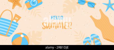 Sommerbanner mit Strandartikeln auf Sandhintergrund. Vektordarstellung in flacher Form Stock Vektor