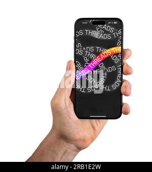 Berlin Deutschland Juli 6 2023 Threads App-Schnittstelle auf Mobiltelefonbildschirm, Smartphone isoliert auf weiß. Stockfoto