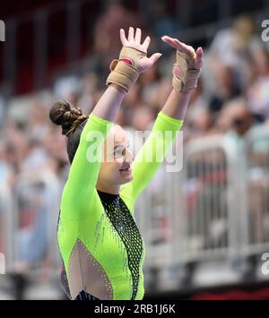 Pauline SCHAEFER-BETZ (Schäfer-Betz) (KTV Chemnitz) Springen, Wwinken, Winken, Gymnastik für alle Frauen am 6. Juli 2023 in Düsseldorf. Das Finale 2023 Rhein-Ruhr von 06,07 bis 09.07.2023 Stockfoto