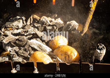 Backen von Kartoffeln in heißen Kohlen auf dem Grill bei einer Picknick-Nahaufnahme Stockfoto