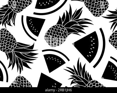 Schwarze Silhouetten von Wassermelonen und Ananas auf weißem Hintergrund. Exotische Sommerfrucht mit Ananas und Wassermelonen. Design für Banner, Pos. Stock Vektor