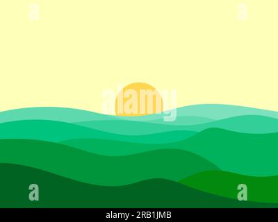Wellige Landschaft mit grünen Hügeln und der Sonne am Horizont. Morgendämmerung mit grünen Wiesen in minimalistischem Stil. Design für Poster, Ausdrucke und Banner. Vec Stock Vektor