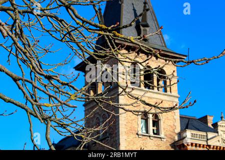 Verlassene Ruine des orangefarbenen Burgturms in der Nachmittagssonne Stockfoto