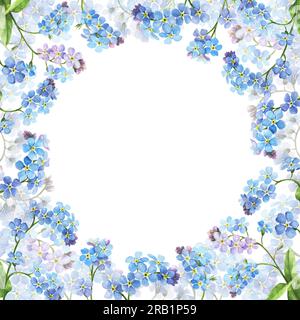 Aquarell mit "Vergiss mich" -Notizen, botanische Illustration. Perfekt für Grußkarten, Cover, Drucke, Muster, Sammelalben, Logo Stockfoto