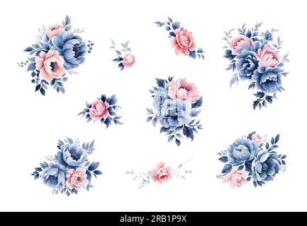 Staubige blaue Rose, echeveria Succulent, weiße Hortensien, Ranunculus, Anemone, Eukalyptus, Wacholdervektordesign Hochzeitssträuße. Saisonale Blumenkarte Stock Vektor