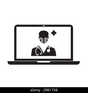 Ein Arzt auf dem Bildschirm eines Laptops auf weißem Hintergrund mit Kopierbereich Stock Vektor