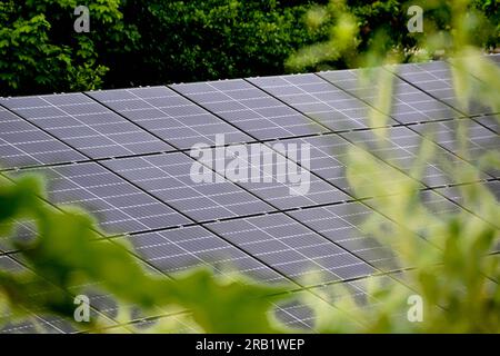 Hausdach mit Photovoltaikmodulen. Historisches Bauernhaus mit modernen Sonnenkollektoren auf Dach und Wand Hochwertiges Foto Stockfoto