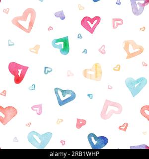 Nahtloses Muster mit handgezeichneten Herzen in Aquarellfarben. Romantisches Schmuckstück für den Valentinstag. Isoliert auf weißem Hintergrund. Design für Weihnachtsgrüße Stockfoto