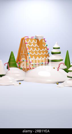 Das neue 2022. Jahr steht bevor. Lebkuchenhaus, weihnachtsbaum im Schnee auf hellblauem Hintergrund. Set mit 3D realistischen Ikonen zu weihnachten. 3D Abbildung Stockfoto