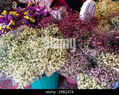 Eine vielfältige Auswahl an lebendigen Blumen, geschmückt mit Preisschildern, lockt Kunden auf dem geschäftigen Blumenmarkt von Bangkok, Thailand. Stockfoto