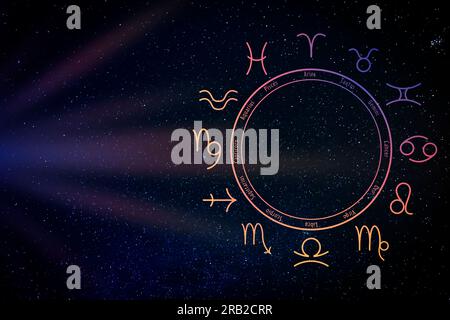 Zodiac-Rad mit zwölf Zeichen auf Sternenhimmel-Hintergrund, Platz für Text. Die horoskopische Astrologie Stockfoto