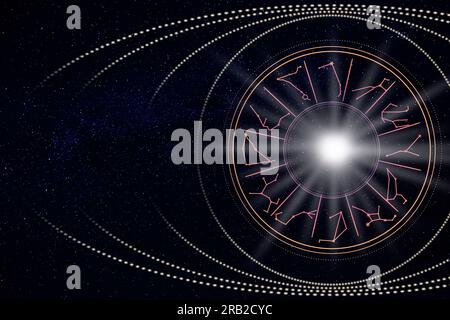 Zodiac-Rad mit zwölf Zeichen auf Sternenhimmel-Hintergrund, Platz für Text. Die horoskopische Astrologie Stockfoto